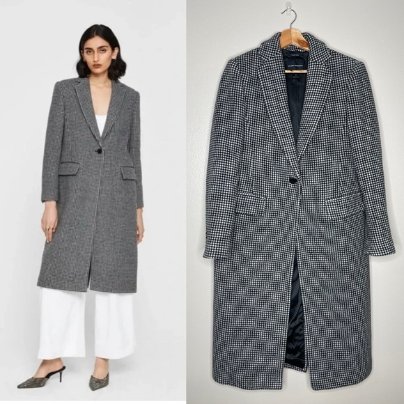 Club Monaco Houndstooth Italian Wool Blend Tailored Single Breasted Coat